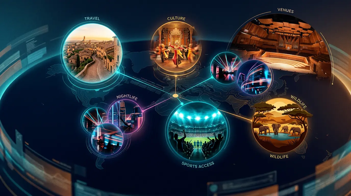 Editorial atlas of immersive 360 discovery categories like travel, venues, culture, sports, nightlife, and wildlife.
