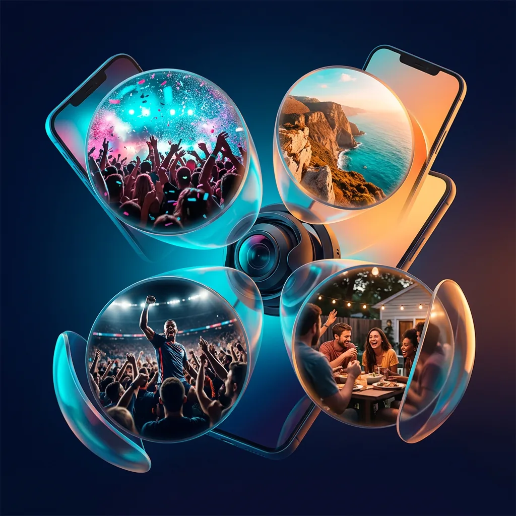 Editorial illustration of fast-moving 360 clip discovery for social sharing.