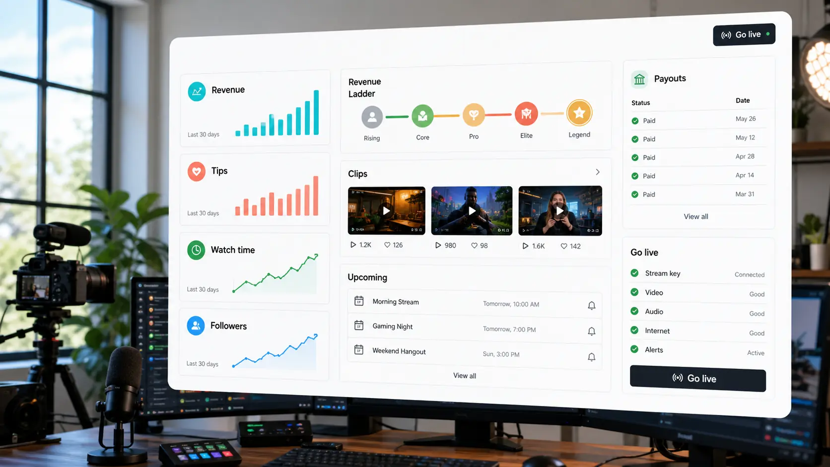 Creator growth dashboard with revenue, follower velocity, clips and watch-time cards.
