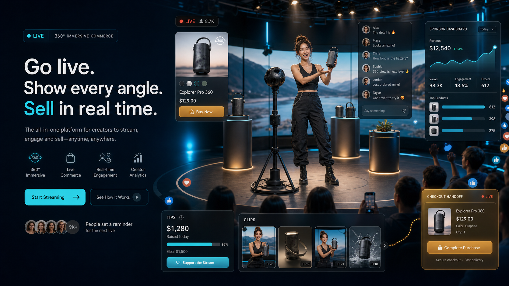 Live commerce product launches with a sponsor-ready 360 funnel.