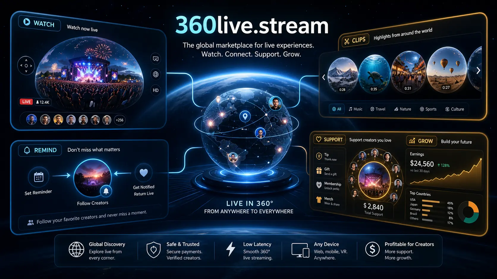 Modern 360live.stream proof banner showing watch, clips, reminders, support and creator growth in one live marketplace loop.